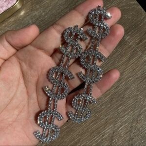 Silver Alloy diamonds dollar cash sign drop woman’s earrings AA20